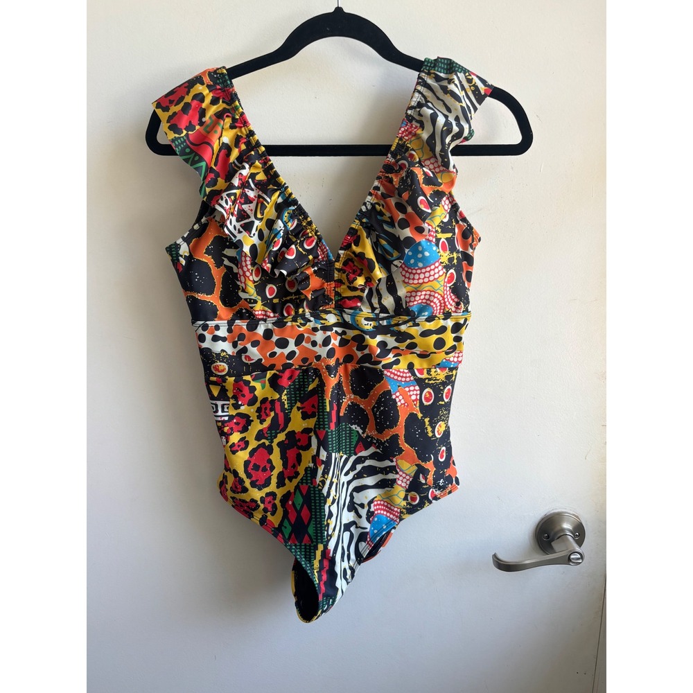 Averie Harlow Plunge One Piece Swimsuit large boho vacation tropical coastal - Picture 2 of 7